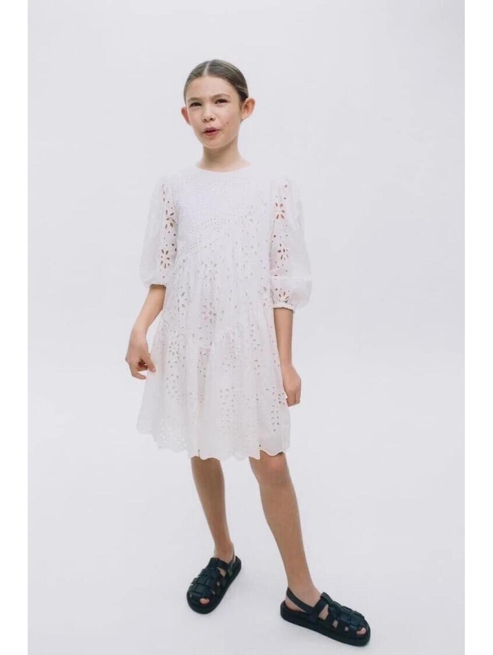 Zara Kids Swiss Embroidery Lace Eyelet 100% Cotton Dress Sz 9 Boho Cottage